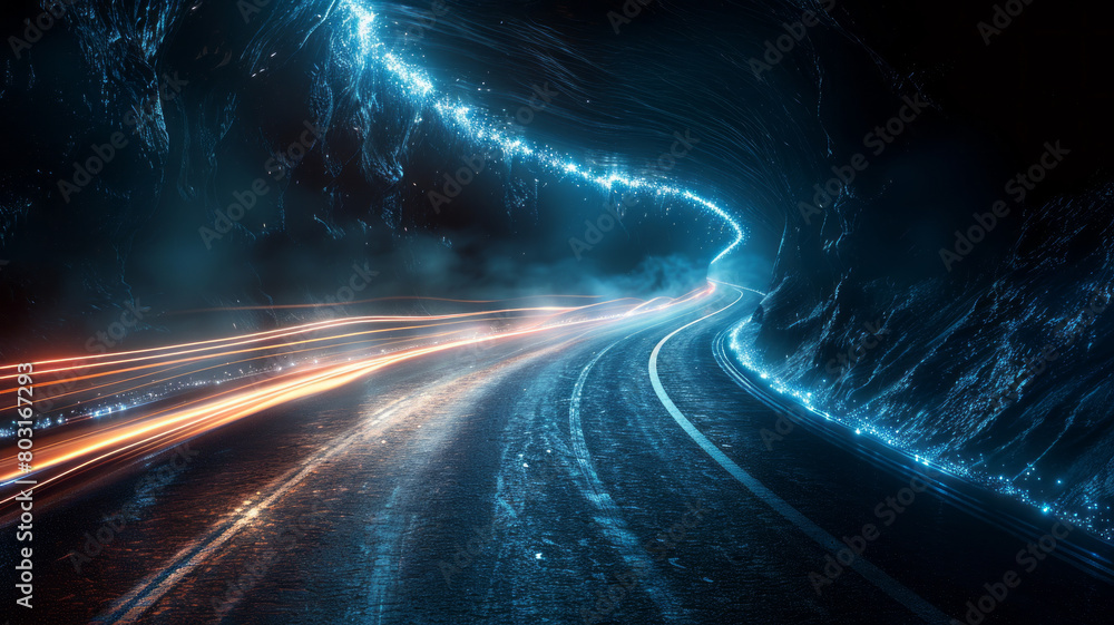 Obraz premium Light streaks forming road: Illuminated journey.generative ai