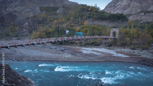 Ancient suspension bridge Across the northern river Pakistan.