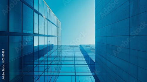A blue sky with a reflection of the sky on the side of a building. The building is tall and has many windows
