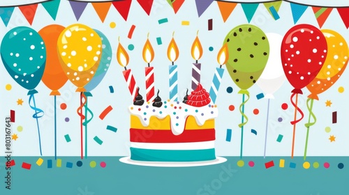 An adorable illustration of a colorful birthday cake surrounded by confetti and balloons  perfect for sending