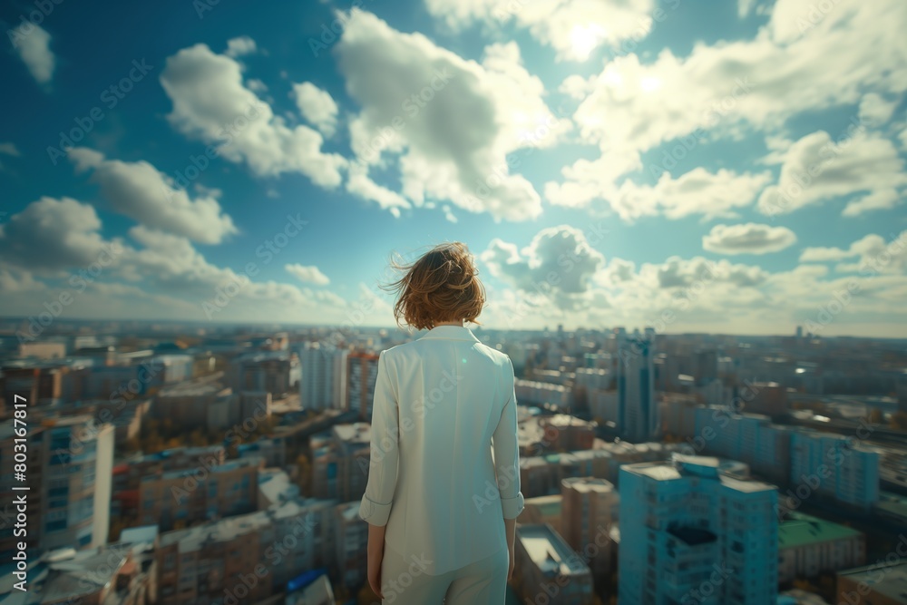 Young Female Entrepreneur stand in front of the town.self-confident posture.