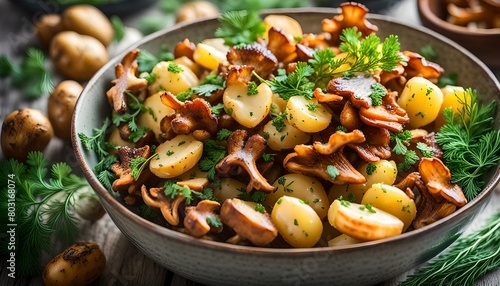 Close-up of a bowl of local vegetarian seasonal food. Fried chanterelles and boiled potatoes with herbs, parsley and dill. Fresh summer lunch.
 photo