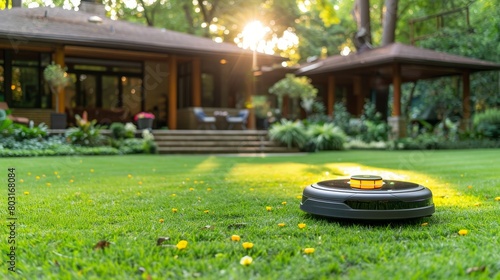 Robotic lawnmower on green lawn with modern house in background, cutting grass autonomously photo