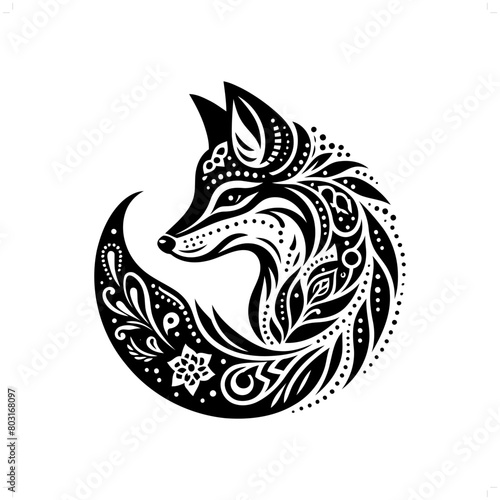 Fox silhouette in bohemian, boho, nature illustration
