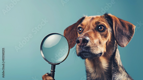 Searching dog holding a magnifying glass  photo