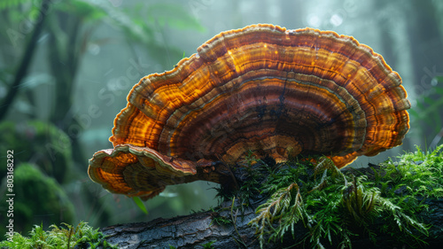 A magazine cover photo featuring a large brown Ganoderma lucidum (reishi mushroom) situated on an isolated branch covered with moss.generative ai photo