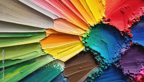Paint in different colors on a palette close-up as a background