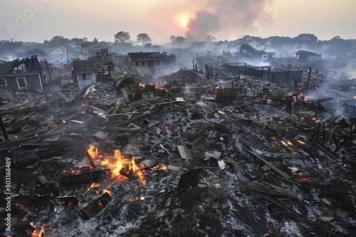 A striking image capturing the devastating aftermath of a catastrophic urban fire  with smoldering ruins and a haunting sunrise in the background.