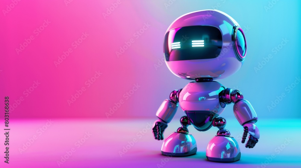 The cute robot stands on a pink background