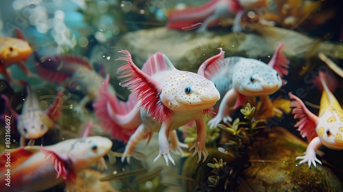 Colorful Axolotls in Aquarium