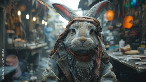 An anthropomorphic rabbit dressed as a merchant in the slums of a medieval fantasy world.