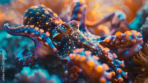 Blue-Ringed Octopus on Coral Reef photo