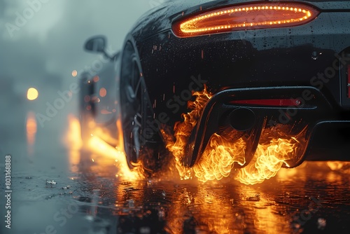 A close-up shot of the exhaust pipes of a racing sports car, flames shooting out as it accelerates to 200km/hr. The intensity of the flames is captured in stunning detail, showcasing the raw power photo