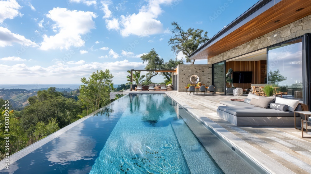 A large pool with a wooden deck and a view of the mountains. The pool is surrounded by a patio area with a couch and a few chairs