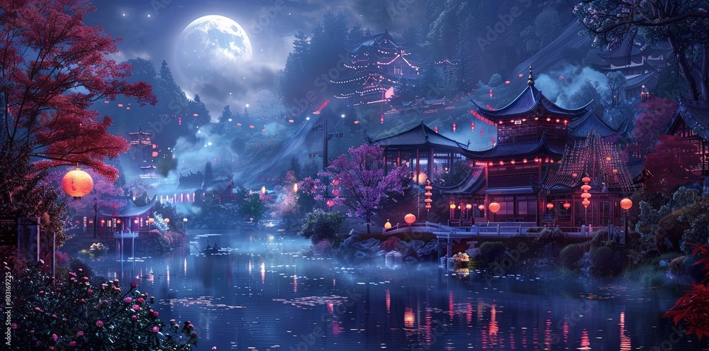 Chinese style ancient architecture, moonlit night sky, red and purple maple trees by the lake, pink cherry blossoms floating in the water