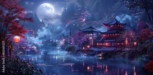 Chinese style ancient architecture, moonlit night sky, red and purple maple trees by the lake, pink cherry blossoms floating in the water © K'kriang Krai