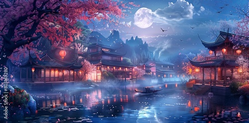 Chinese style ancient architecture, moonlit night sky, red and purple maple trees by the lake, pink cherry blossoms floating in the water