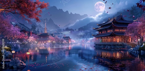 Chinese style ancient architecture  moonlit night sky  red and purple maple trees by the lake  pink cherry blossoms floating in the water