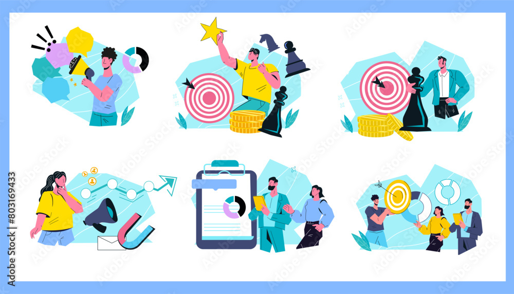 Fototapeta premium Business concept vector illustrations set for topics of strategy and analytics, market research and investments, flat illustration isolated on white background.