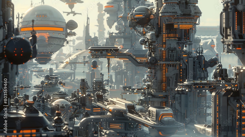 Capture the intricate details of a futuristic robotic cityscape in a digital photorealistic 3D rendering, showcasing a bustling metropolis full of advanced machinery and technology Capture the intricate details of a futuristic robotic cityscape in a digital photorealistic 3D rendering, showcasing a bustling metropolis full of advanced machinery and technology