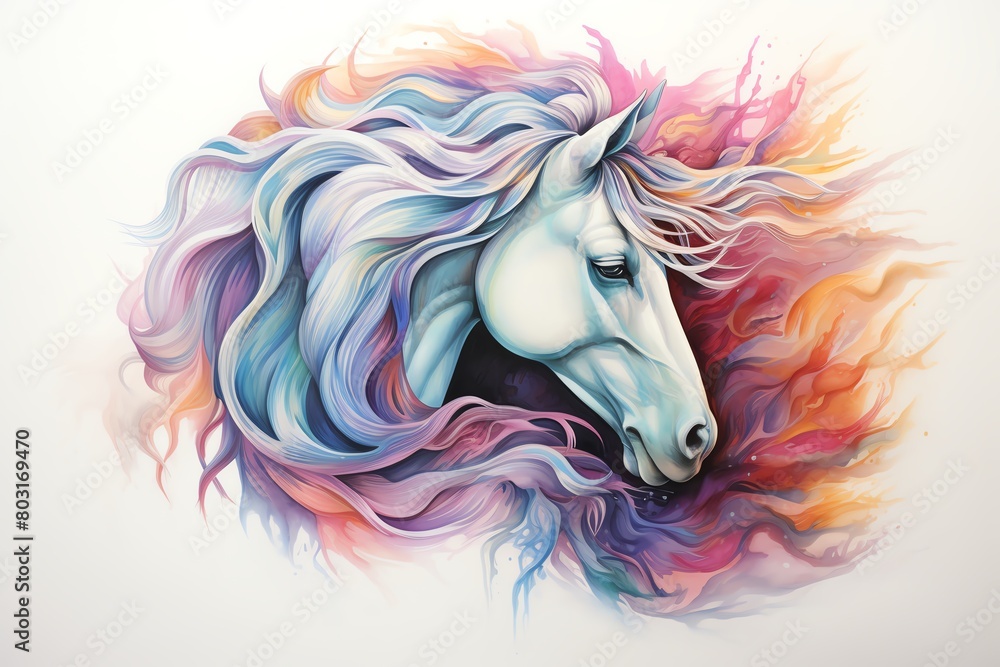 Capture the intricate details of a majestic unicorns mane in a colorful watercolor medium from a high-angle perspective, showcasing the latest fashion trends