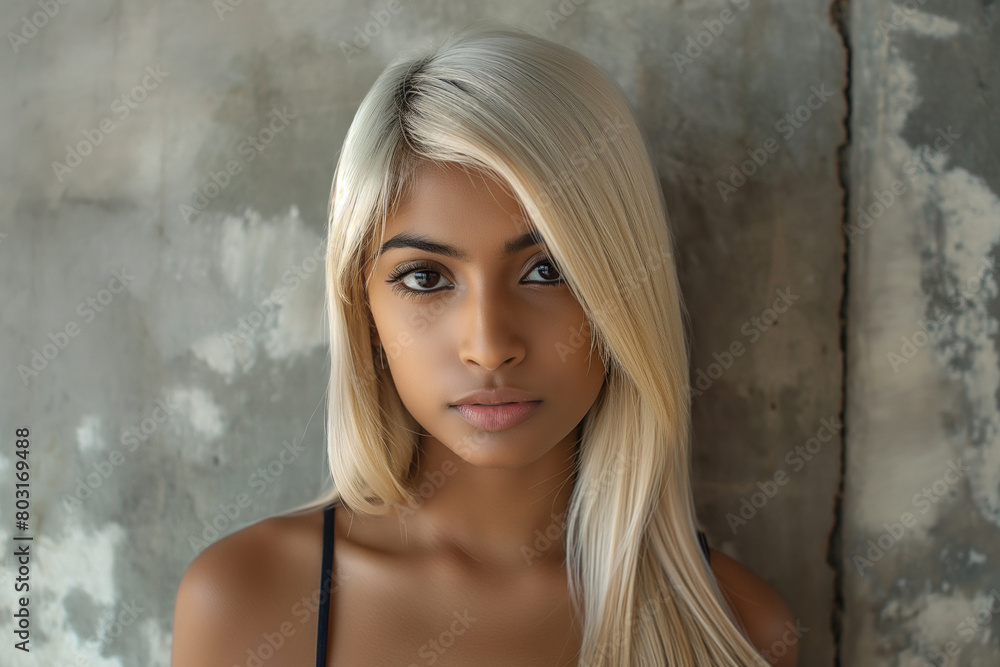 Portrait of a Indian woman with striking platinum blonde hair against a rugged backdrop Portrait of a Indian woman with striking platinum blonde hair against a rugged backdrop
