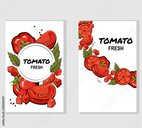 Tomato and ketchup, tomato juice and flavored food labels set, hand drawn sketch style vector illustration isolated on white background.