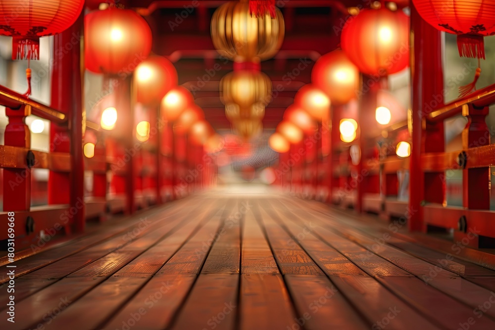 Wooden floor, red bridge architecture background with lanterns, symmetrical composition