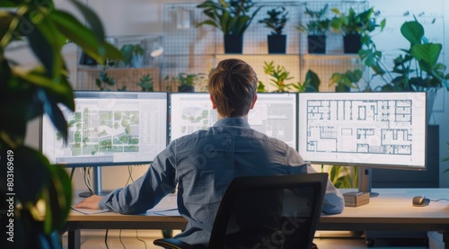 A young male architect is using computer architectural design software to create blueprints for a construction project in a modern office
