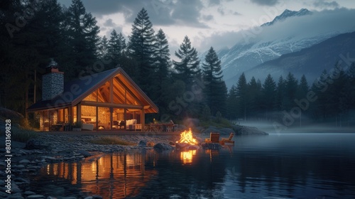 Tranquil Lakeside Cabin Retreat at Dusk with Mountain Views © Anastasiia