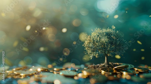 A young green tree growing out of a pile of gold coins.