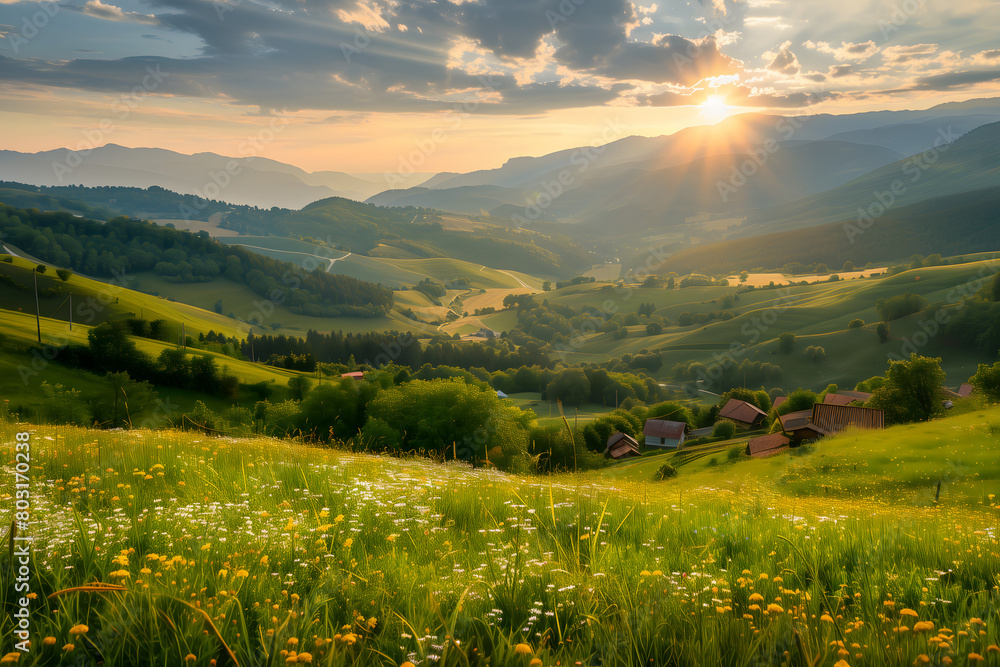 Obraz premium landscape with mountains and sun
