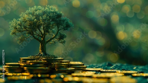 A tree growing on a pile of gold coins.