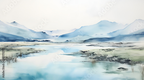 Endless watercolor cool color mountains landscape abstract graphic poster web page PPT background © yonshan