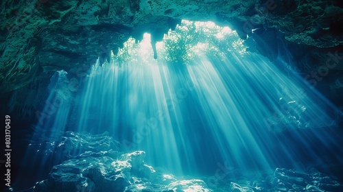 Sunlight filtering through underwater cave entrance