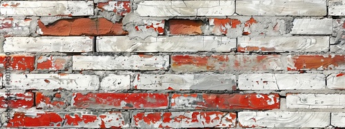 Textured Red and white Brick Wall, Close-up of a brick wall with peeling red paint, creating a rugged texture.