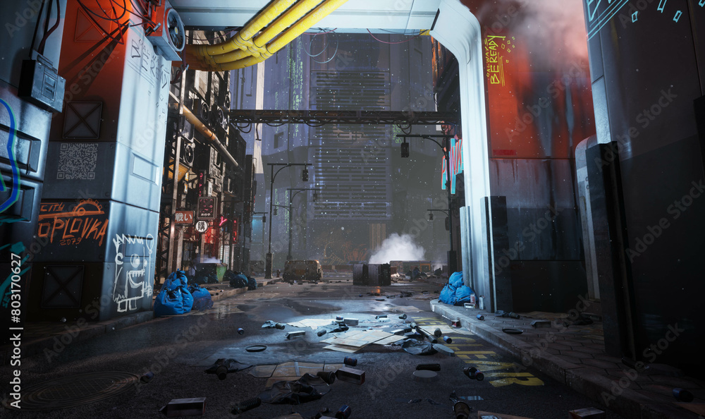 Naklejka premium 3D rendered illustration of a cyberpunk urban alley with neon signs and graffities 