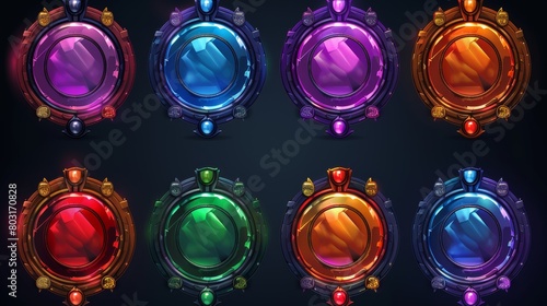 Different empty glowing metallic menu interface rim badge asset collection. Fantasy circle avatar game frame with smoke user interface. photo