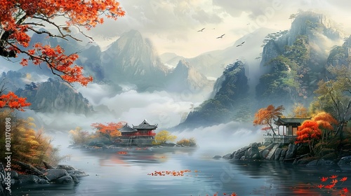 Chinese style landscape painting, mountains and water with clouds in the background