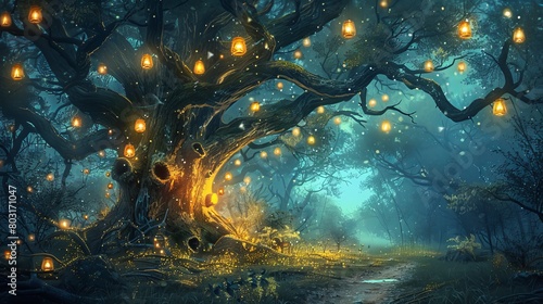 Enchanted forest scene with magical glowing tree and lanterns at dusk