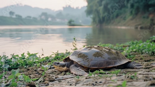 Rare Yangtze Giant Softshell Turtle Basking on Riverbank photo