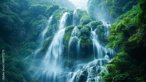 A waterfall with a lush green forest in the background. The water is flowing down the rocks and the trees are tall and green