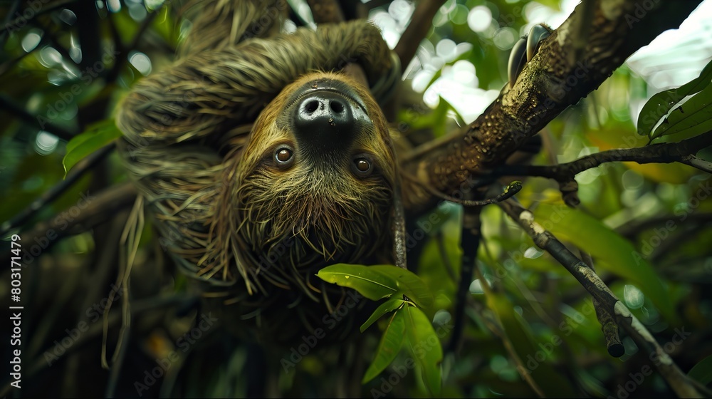 Pygmy Three-Toed Sloth hanging from tree branch in Panama Pygmy Three-Toed Sloth hanging from tree branch in Panama