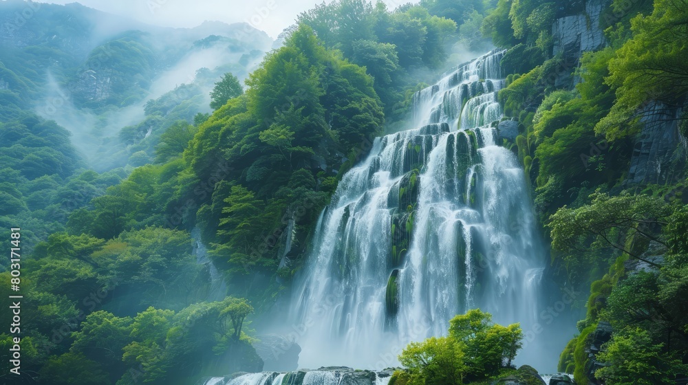 A waterfall is surrounded by lush green trees and a misty atmosphere. The water is crystal clear and the trees are tall and green. The scene is peaceful and serene