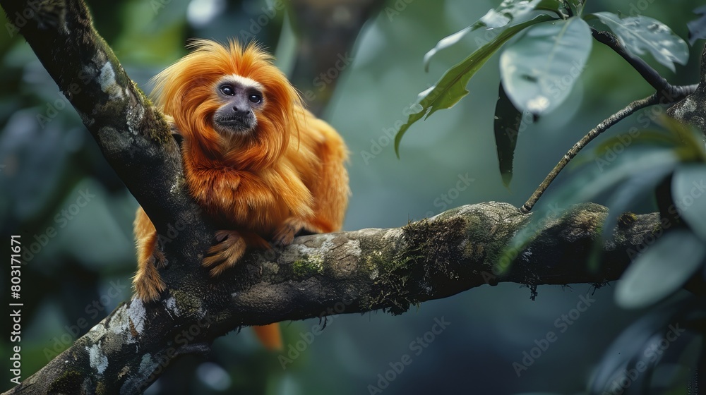 Rare Golden Lion Tamarin on Tree Branch Rare Golden Lion Tamarin on Tree Branch