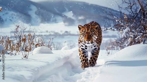 Rare Amur Leopard in Snowy Russian Far East photo