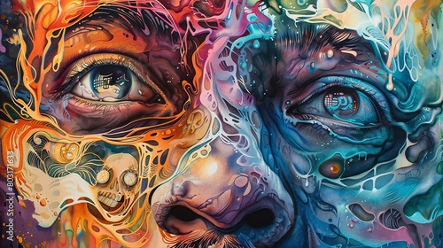 Capture the raw essence of street art meeting intellectual discourse through a surreal close-up view Blend intricate details with philosophical motifs in vivid watercolor strokes
