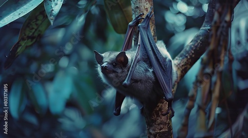 Rare Hawaiian Hoary Bat Hanging from Tree Branch photo