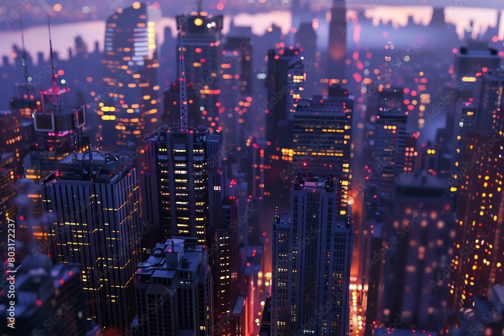 Fototapeta premium Capture the vast expanse of a bustling cityscape at dusk, showcasing towering skyscrapers and twinkling lights with a photorealistic digital rendering technique