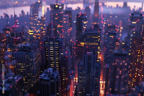 Capture the vast expanse of a bustling cityscape at dusk  showcasing towering skyscrapers and twinkling lights with a photorealistic digital rendering technique